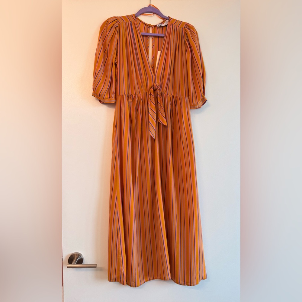 Elegant Striped Midi Dress in Orange and Purple - Picture 1 of 8